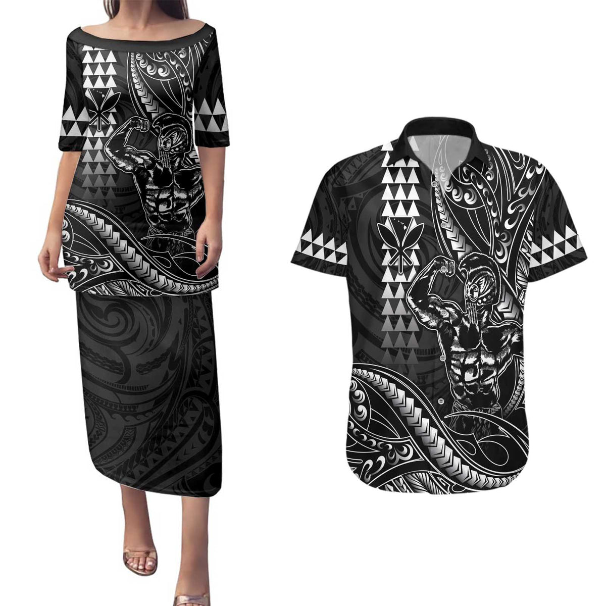 Hawaii Ikaika Warrior Helmet Couples Matching Puletasi and Hawaiian Shirt Black Tribal Tattoo