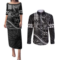 Hawaii Ikaika Warrior Helmet Couples Matching Puletasi and Long Sleeve Button Shirt Black Tribal Tattoo