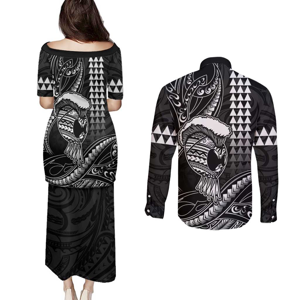 Hawaii Ikaika Warrior Helmet Couples Matching Puletasi and Long Sleeve Button Shirt Black Tribal Tattoo
