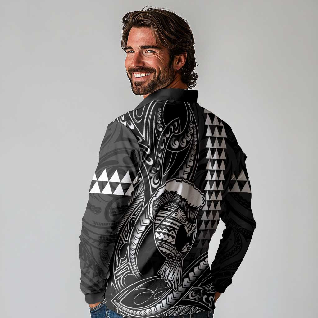 Hawaii Ikaika Warrior Helmet Long Sleeve Polo Shirt Black Tribal Tattoo