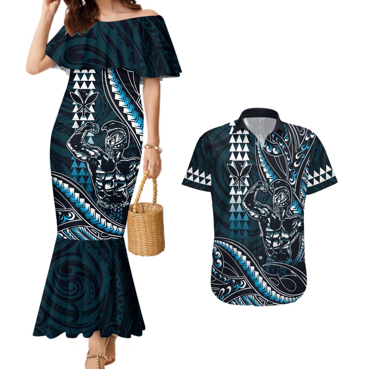 Hawaii Ikaika Warrior Helmet Couples Matching Mermaid Dress and Hawaiian Shirt Blue Tribal Tattoo