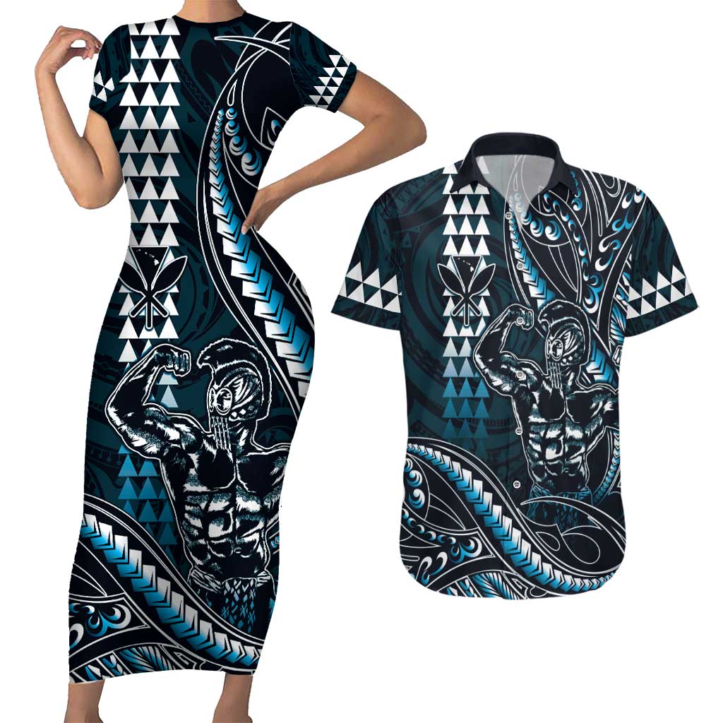 Hawaii Ikaika Warrior Helmet Couples Matching Short Sleeve Bodycon Dress and Hawaiian Shirt Blue Tribal Tattoo