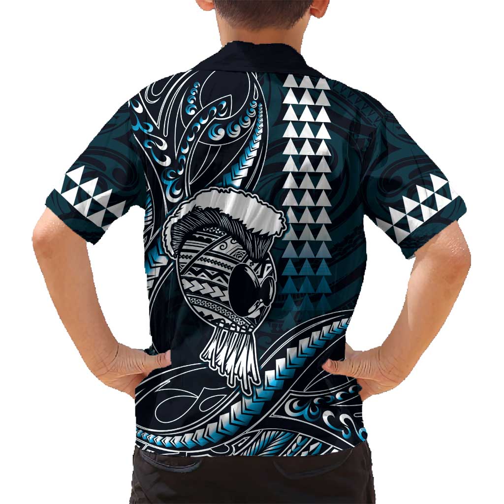 Hawaii Ikaika Warrior Helmet Family Matching Long Sleeve Bodycon Dress and Hawaiian Shirt Blue Tribal Tattoo