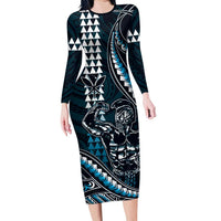 Hawaii Ikaika Warrior Helmet Family Matching Long Sleeve Bodycon Dress and Hawaiian Shirt Blue Tribal Tattoo