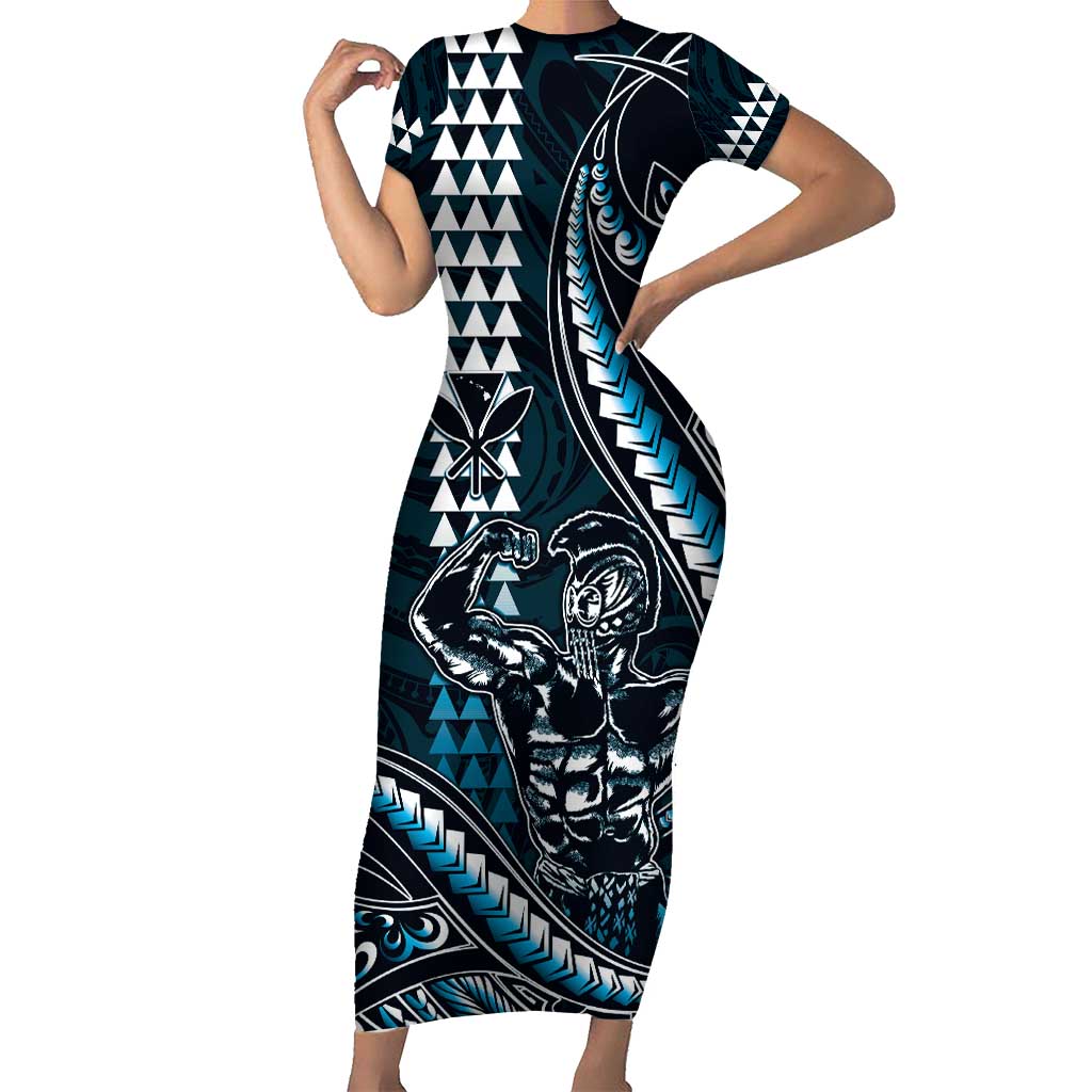 Hawaii Ikaika Warrior Helmet Family Matching Short Sleeve Bodycon Dress and Hawaiian Shirt Blue Tribal Tattoo