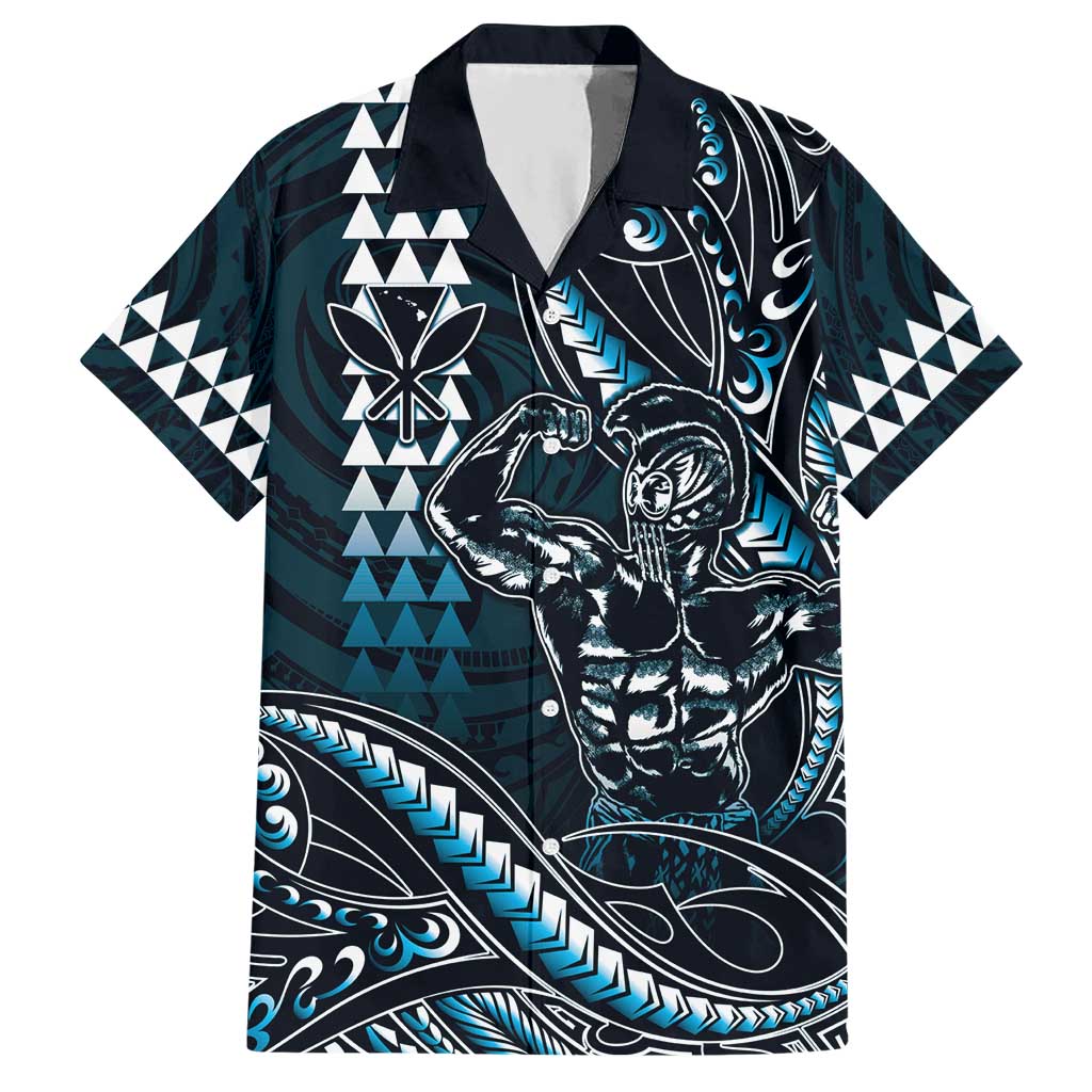 Hawaii Ikaika Warrior Helmet Hawaiian Shirt Blue Tribal Tattoo