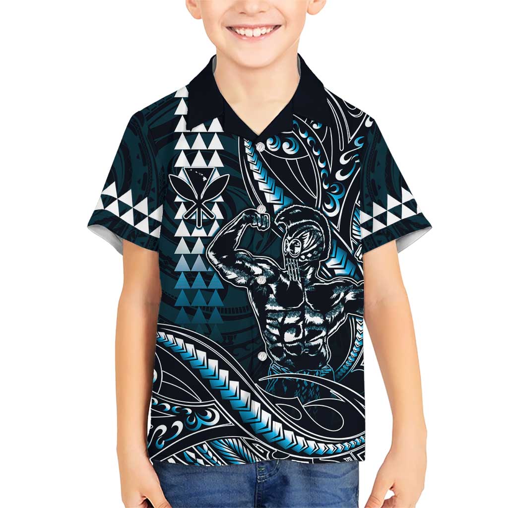 Hawaii Ikaika Warrior Helmet Kid Hawaiian Shirt Blue Tribal Tattoo