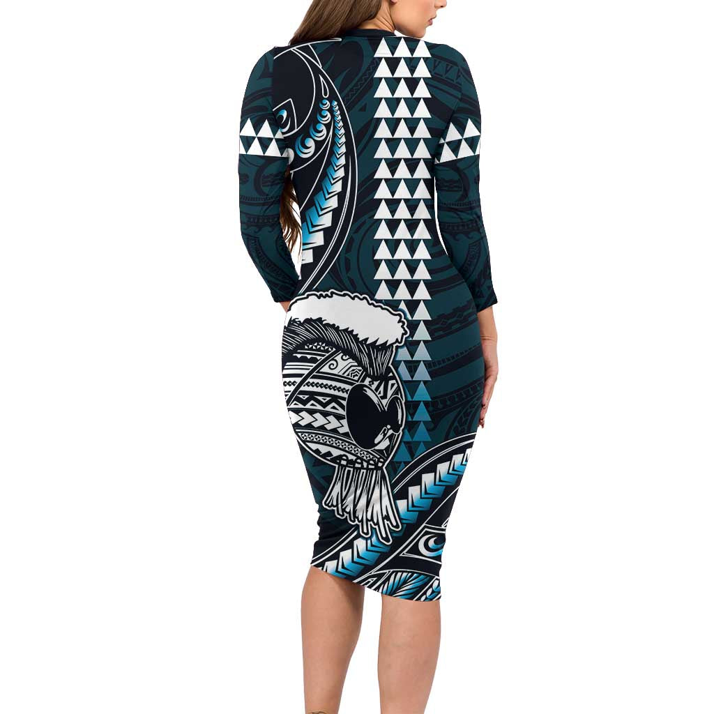 Hawaii Ikaika Warrior Helmet Long Sleeve Bodycon Dress Blue Tribal Tattoo