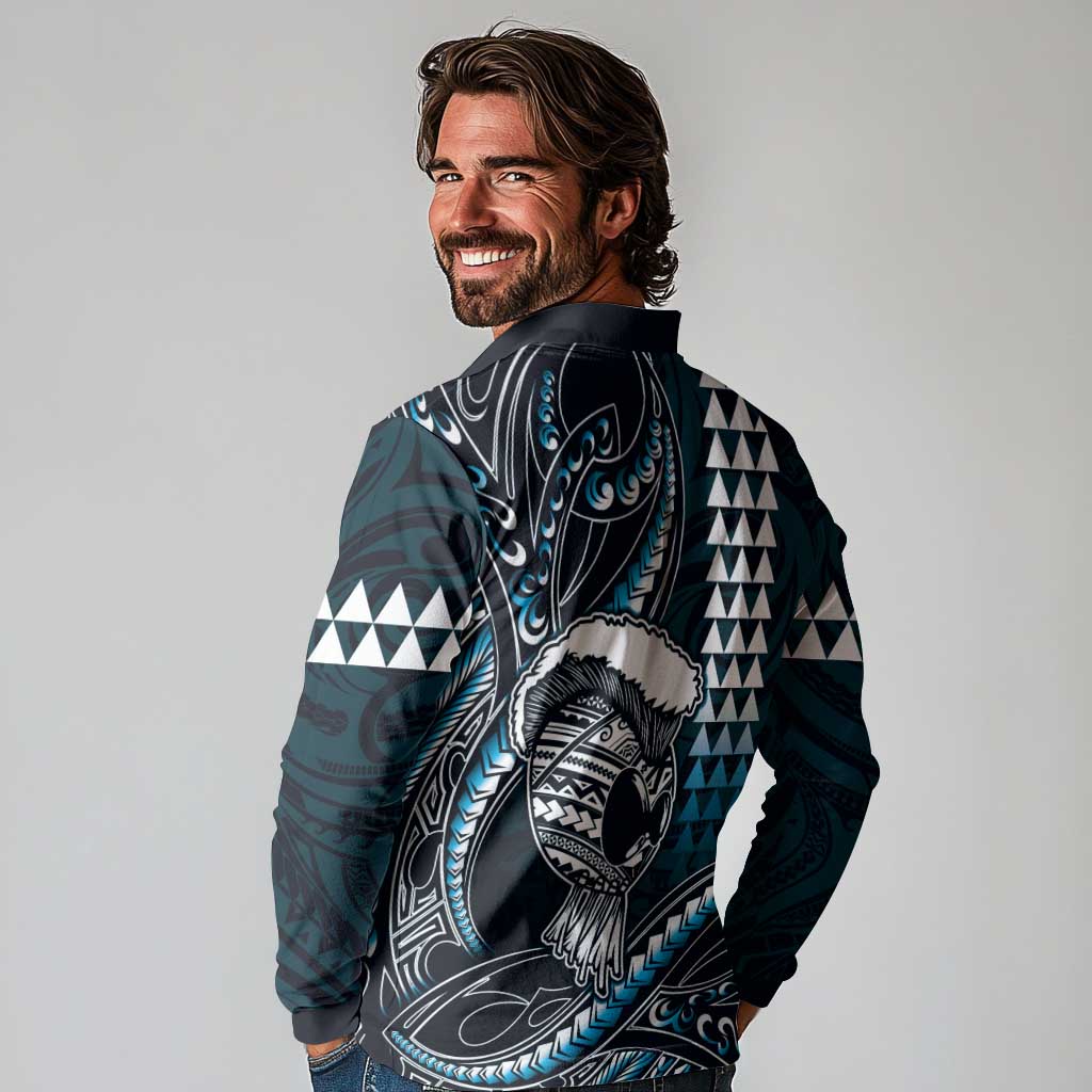 Hawaii Ikaika Warrior Helmet Long Sleeve Polo Shirt Blue Tribal Tattoo