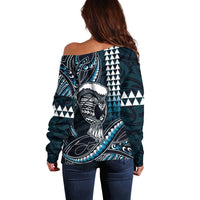 Hawaii Ikaika Warrior Helmet Off Shoulder Sweater Blue Tribal Tattoo