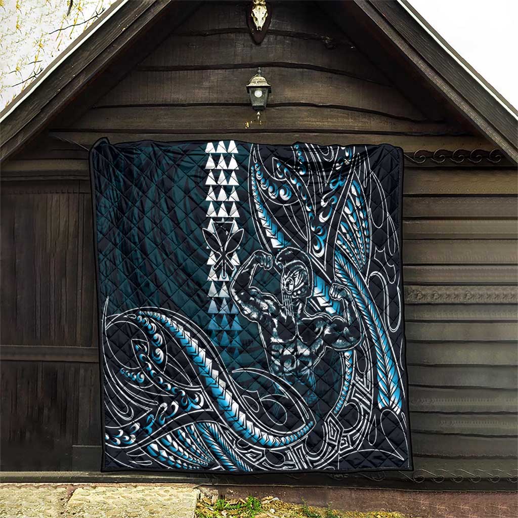 Hawaii Ikaika Warrior Helmet Quilt Blue Tribal Tattoo