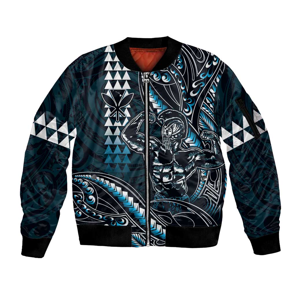 Hawaii Ikaika Warrior Helmet Sleeve Zip Bomber Jacket Blue Tribal Tattoo