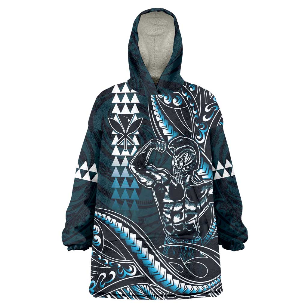 Hawaii Ikaika Warrior Helmet Wearable Blanket Hoodie Blue Tribal Tattoo