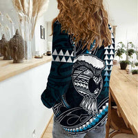 Hawaii Ikaika Warrior Helmet Women Casual Shirt Blue Tribal Tattoo