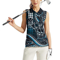Hawaii Ikaika Warrior Helmet Women Sleeveless Polo Shirt Blue Tribal Tattoo