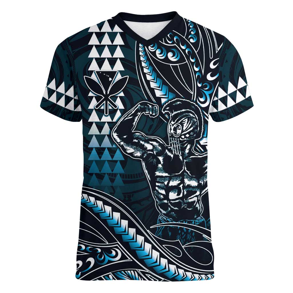 Hawaii Ikaika Warrior Helmet Women V-Neck T-Shirt Blue Tribal Tattoo