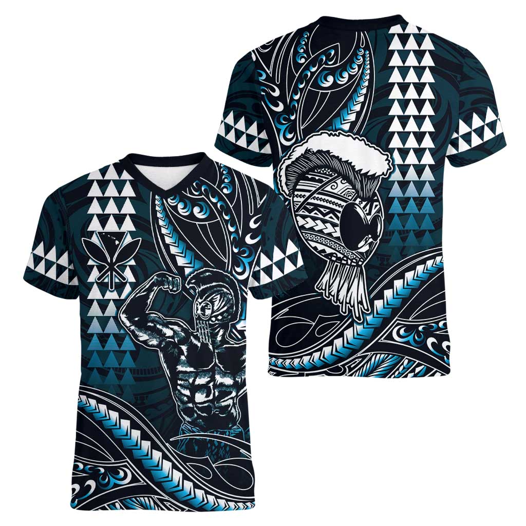 Hawaii Ikaika Warrior Helmet Women V-Neck T-Shirt Blue Tribal Tattoo