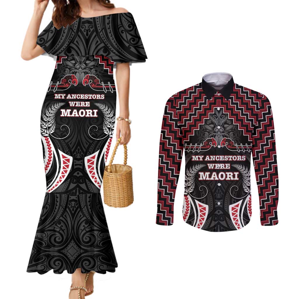 Aotearoa Couples Matching Mermaid Dress and Long Sleeve Button Shirt Proud To Be Maori LT05 Red - Polynesian Pride