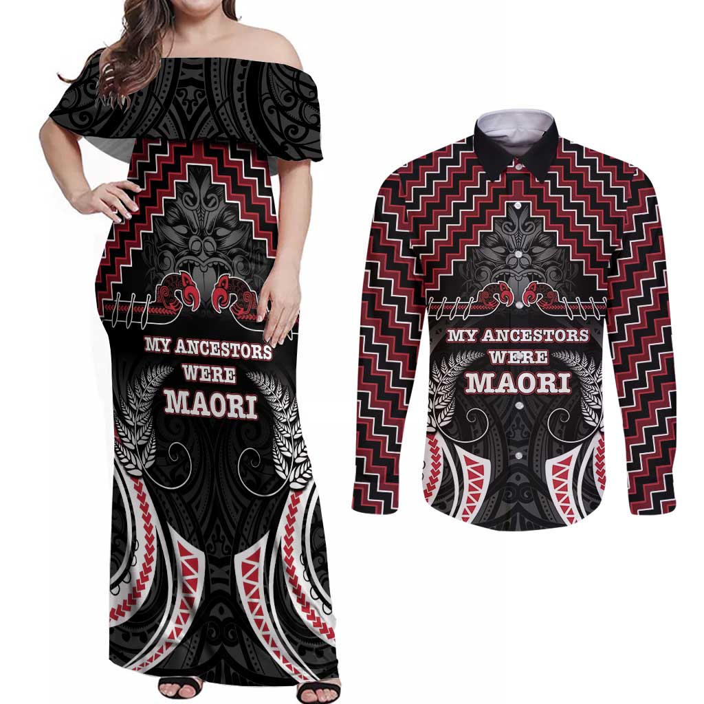 Aotearoa Couples Matching Off Shoulder Maxi Dress and Long Sleeve Button Shirt Proud To Be Maori LT05 Red - Polynesian Pride