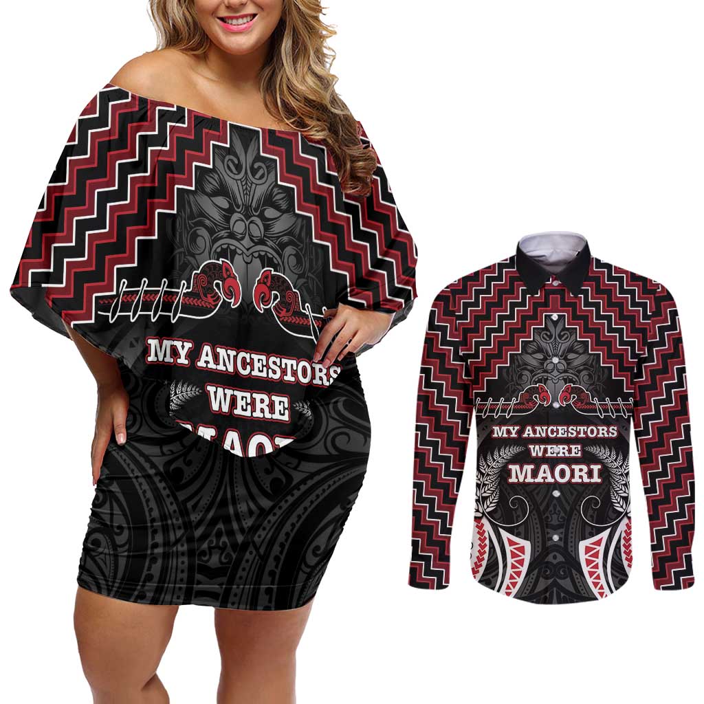 Aotearoa Couples Matching Off Shoulder Short Dress and Long Sleeve Button Shirt Proud To Be Maori LT05 Red - Polynesian Pride