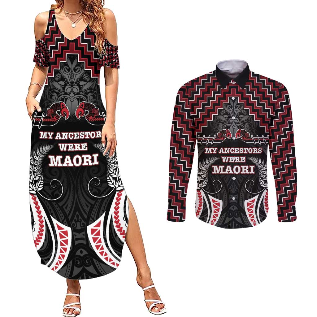 Aotearoa Couples Matching Summer Maxi Dress and Long Sleeve Button Shirt Proud To Be Maori LT05 Red - Polynesian Pride