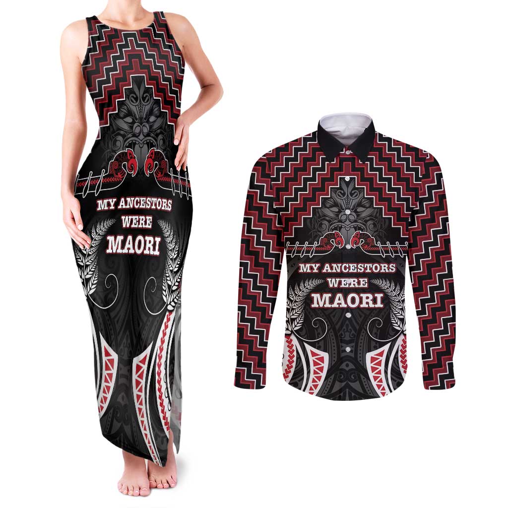 Aotearoa Couples Matching Tank Maxi Dress and Long Sleeve Button Shirt Proud To Be Maori LT05 Red - Polynesian Pride