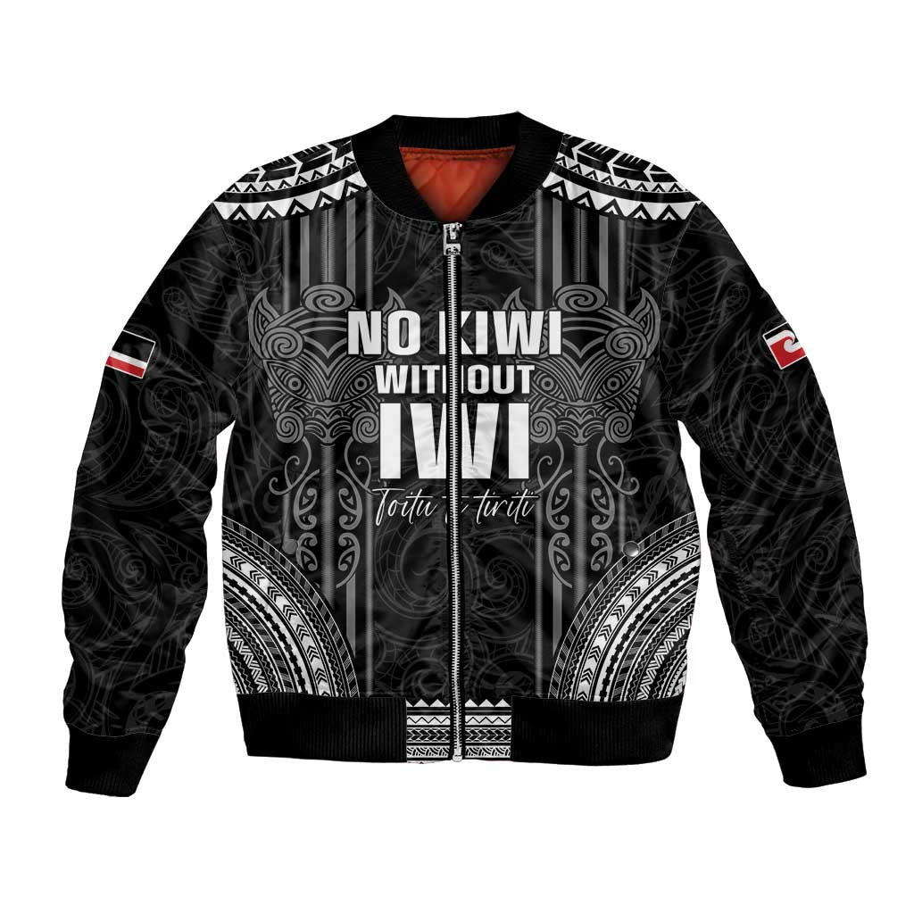 Aotearoa Toitu Te Tiriti Bomber Jacket No Kiwi Without Iwi LT05 Unisex Black - Polynesian Pride