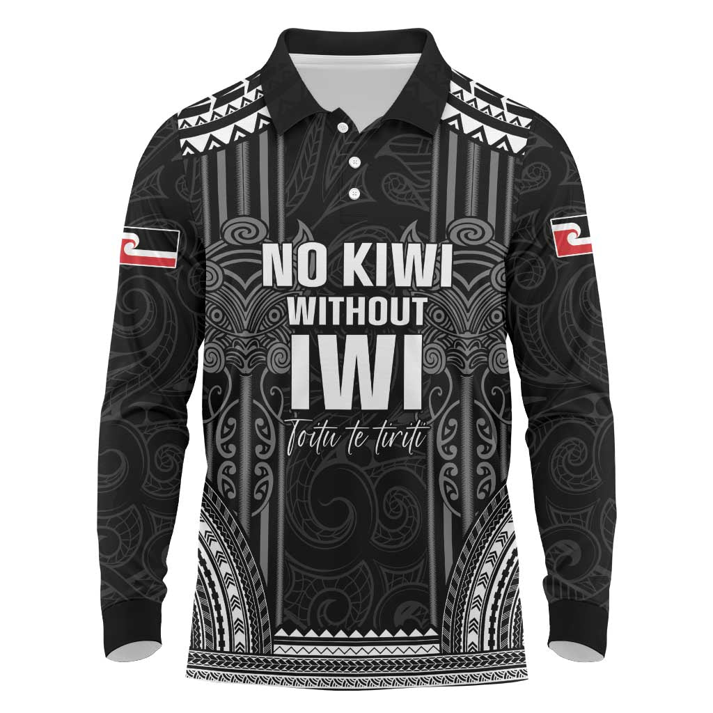 Aotearoa Toitu Te Tiriti Long Sleeve Polo Shirt No Kiwi Without Iwi LT05 Black - Polynesian Pride