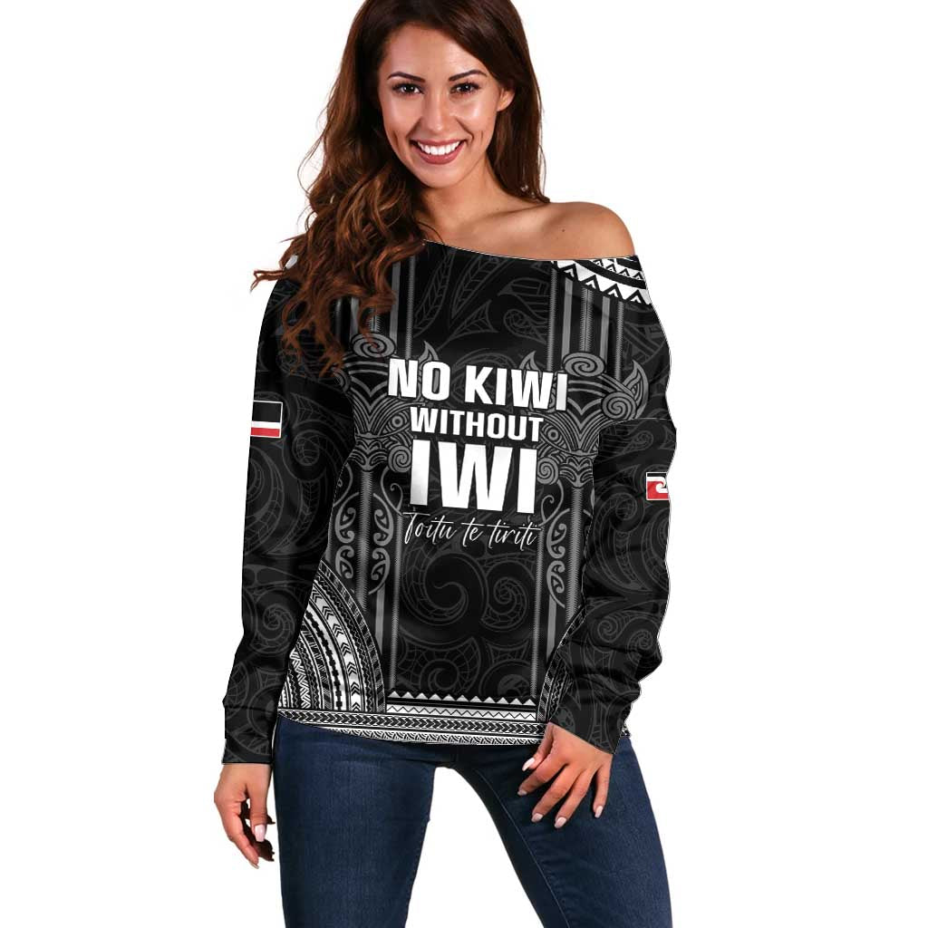 Aotearoa Toitu Te Tiriti Off Shoulder Sweater No Kiwi Without Iwi LT05 Women Black - Polynesian Pride