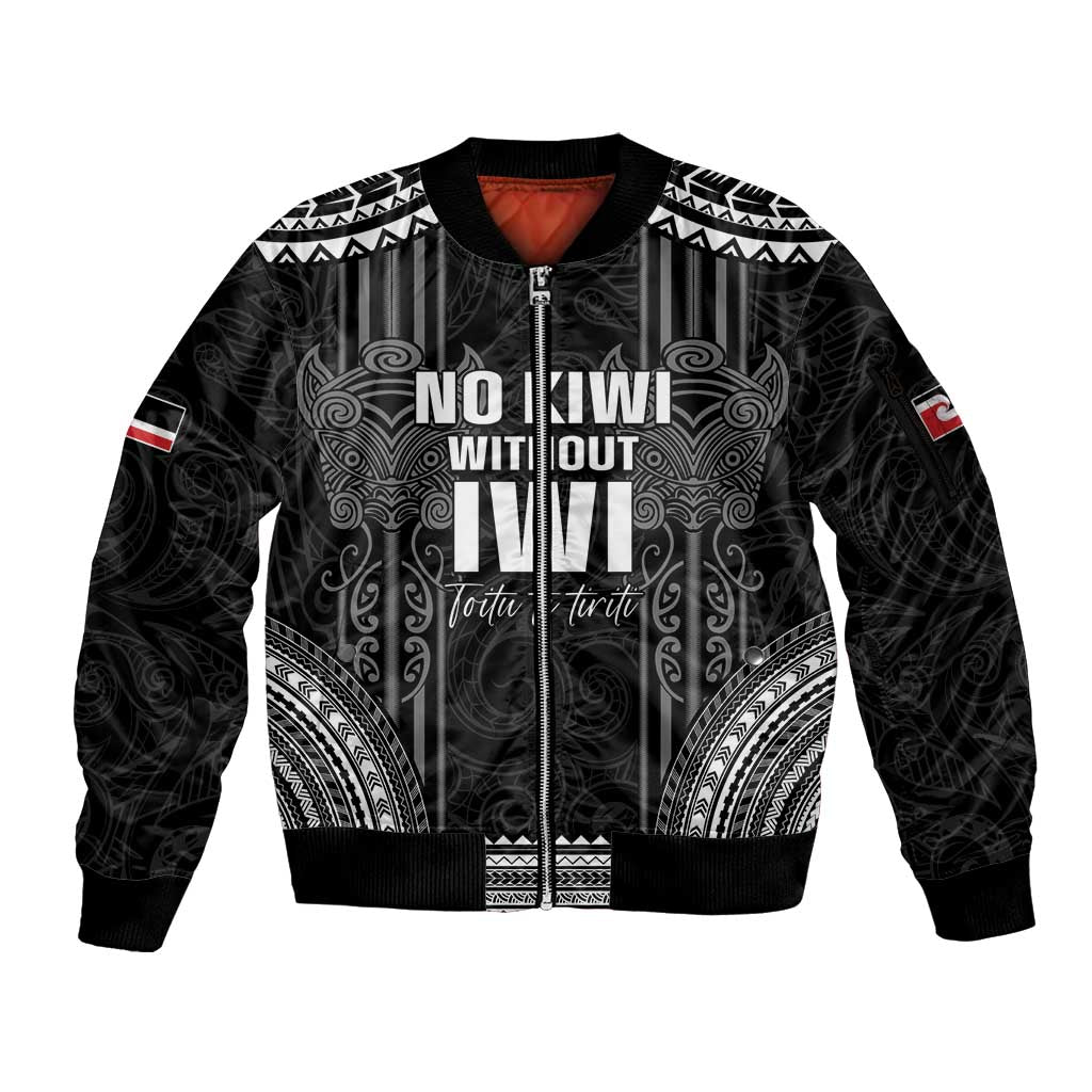 Aotearoa Toitu Te Tiriti Sleeve Zip Bomber Jacket No Kiwi Without Iwi LT05 Unisex Black - Polynesian Pride