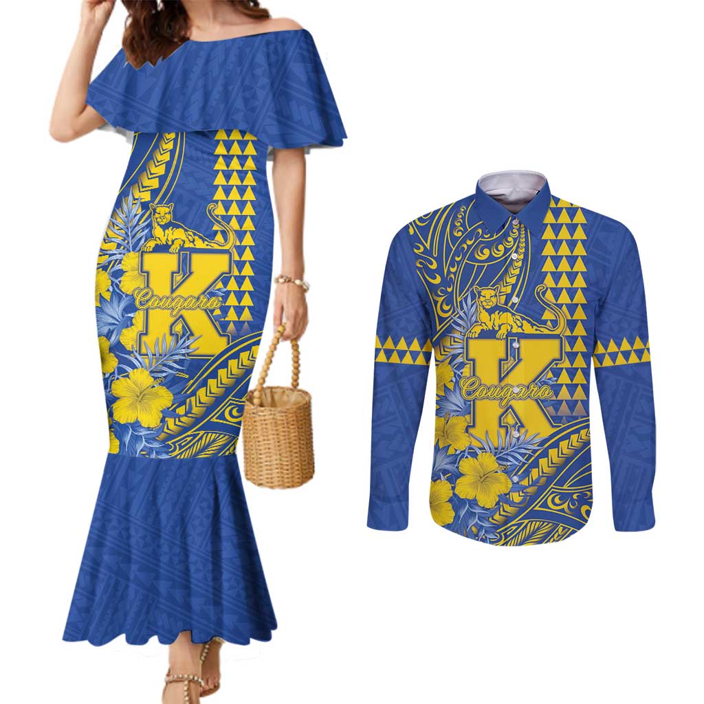 Personalised Hawaii Kaiser High School Couples Matching Mermaid Dress and Long Sleeve Button Shirt Tribal Tattoo With Hibiscus Flowers