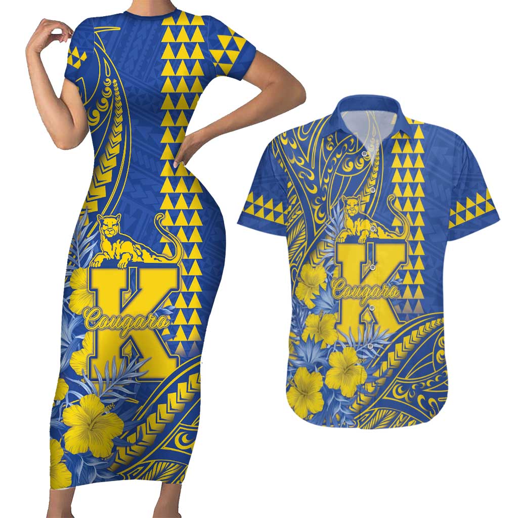 Personalised Hawaii Kaiser High School Couples Matching Short Sleeve Bodycon Dress and Hawaiian Shirt Tribal Tattoo With Hibiscus Flowers LT05 Blue - Polynesian Pride