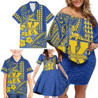 Personalised Hawaii Kaiser High School Family Matching Off Shoulder Short Dress and Hawaiian Shirt Tribal Tattoo With Hibiscus Flowers