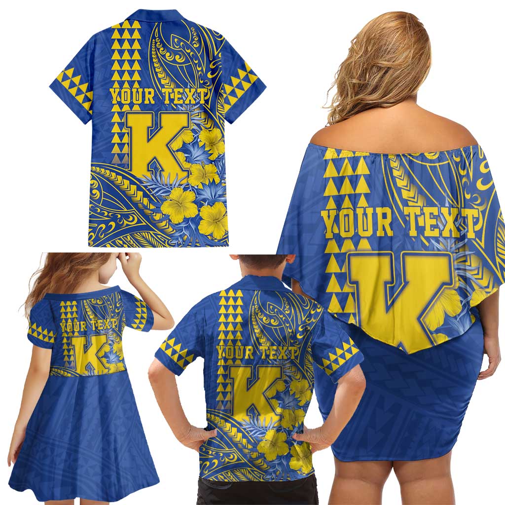 Personalised Hawaii Kaiser High School Family Matching Off Shoulder Short Dress and Hawaiian Shirt Tribal Tattoo With Hibiscus Flowers