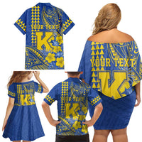 Personalised Hawaii Kaiser High School Family Matching Off Shoulder Short Dress and Hawaiian Shirt Tribal Tattoo With Hibiscus Flowers