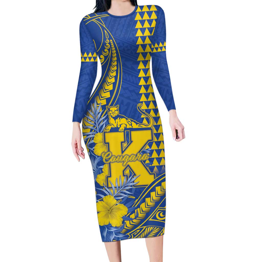 Personalised Hawaii Kaiser High School Long Sleeve Bodycon Dress Tribal Tattoo With Hibiscus Flowers