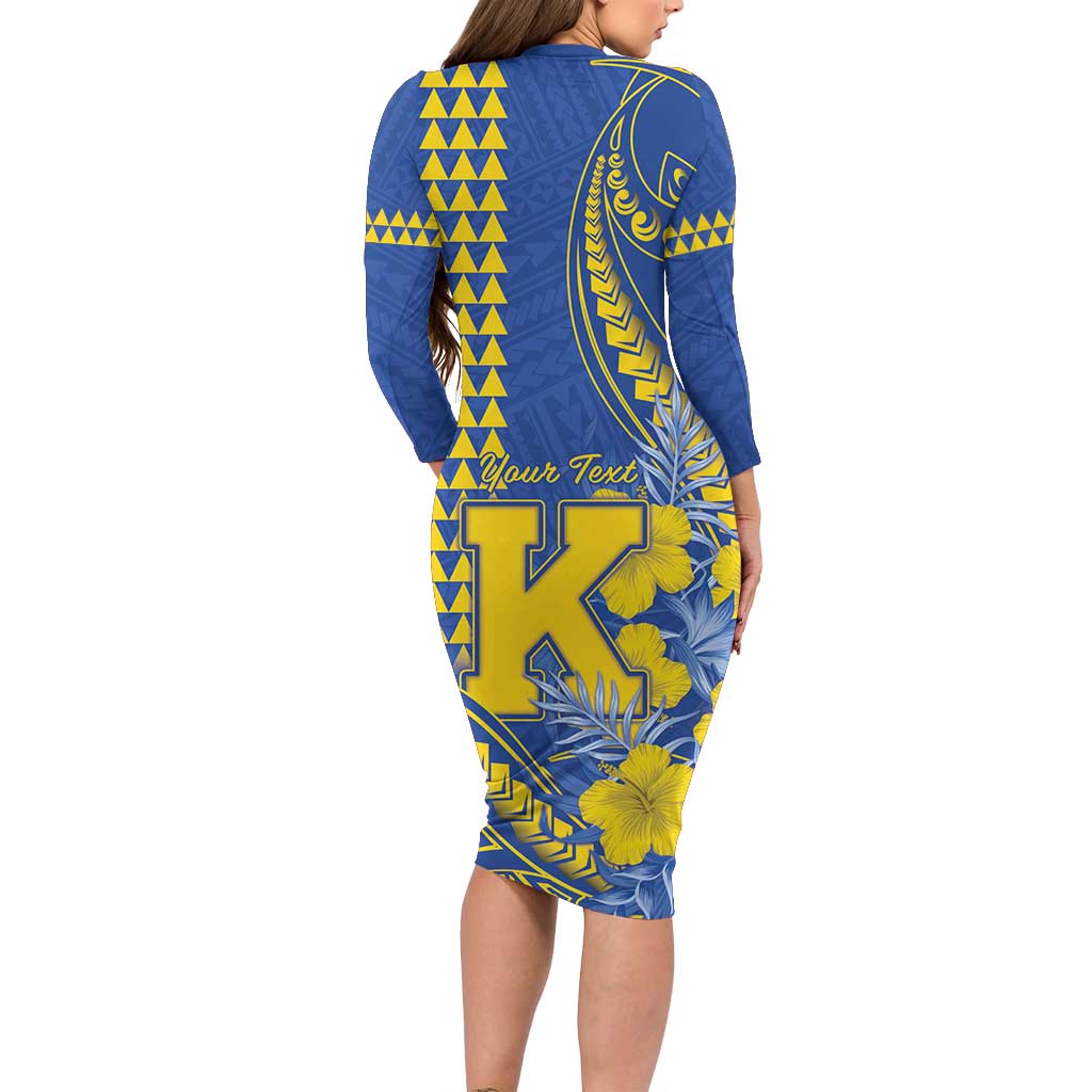 Personalised Hawaii Kaiser High School Long Sleeve Bodycon Dress Tribal Tattoo With Hibiscus Flowers