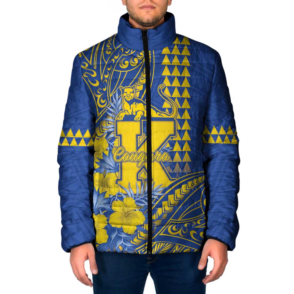 Personalised Hawaii Kaiser High School Padded Jacket Tribal Tattoo With Hibiscus Flowers LT05 Men Blue - Polynesian Pride