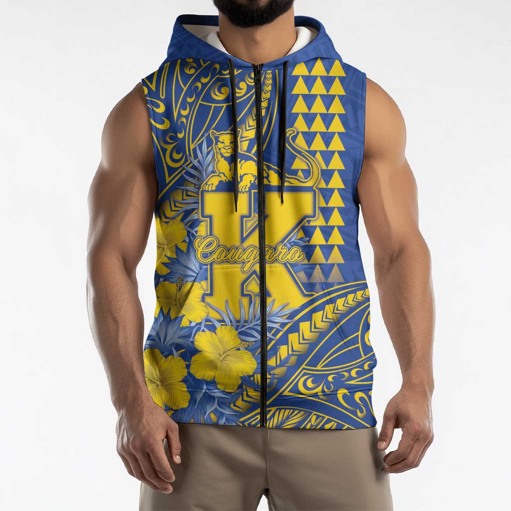 Personalised Hawaii Kaiser High School Sleeveless Zip Hoodie Tribal Tattoo With Hibiscus Flowers