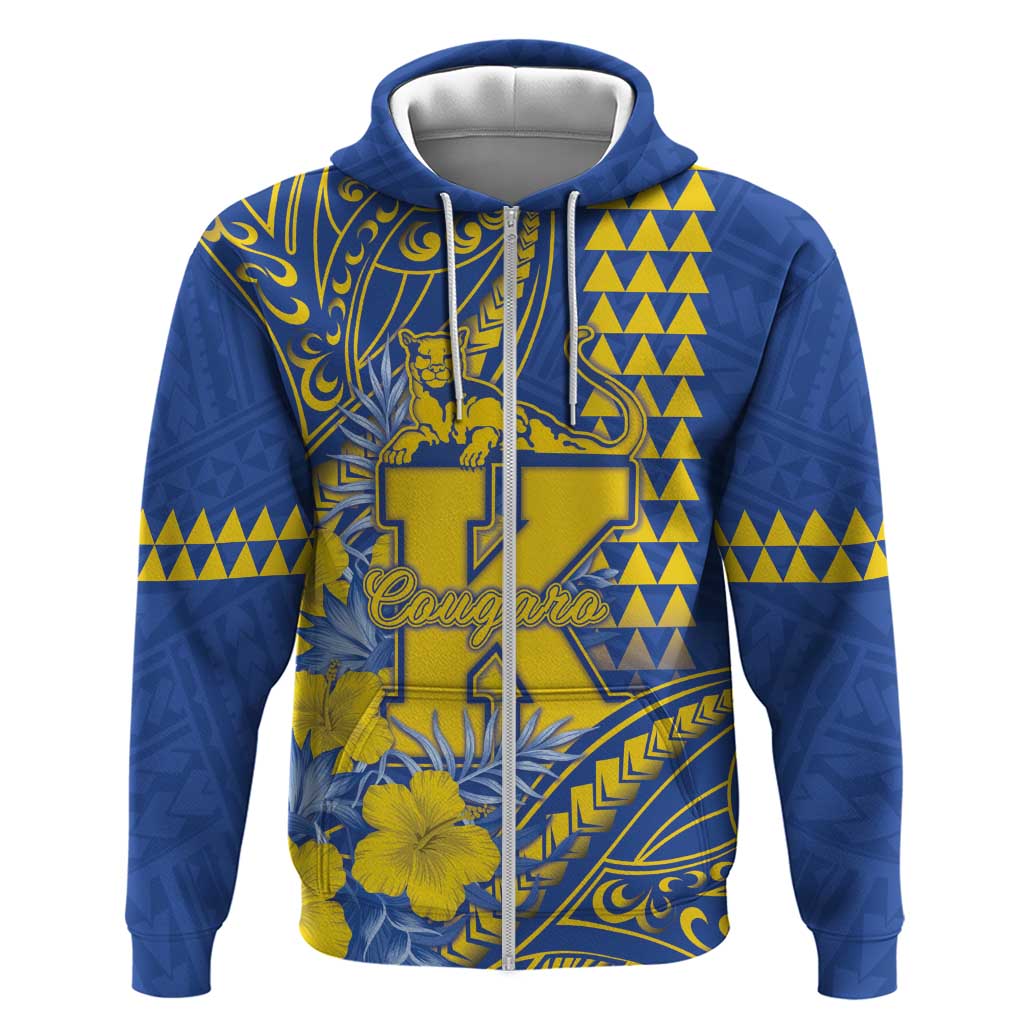 Personalised Hawaii Kaiser High School Zip Hoodie Tribal Tattoo With Hibiscus Flowers LT05 Zip Hoodie Blue - Polynesian Pride