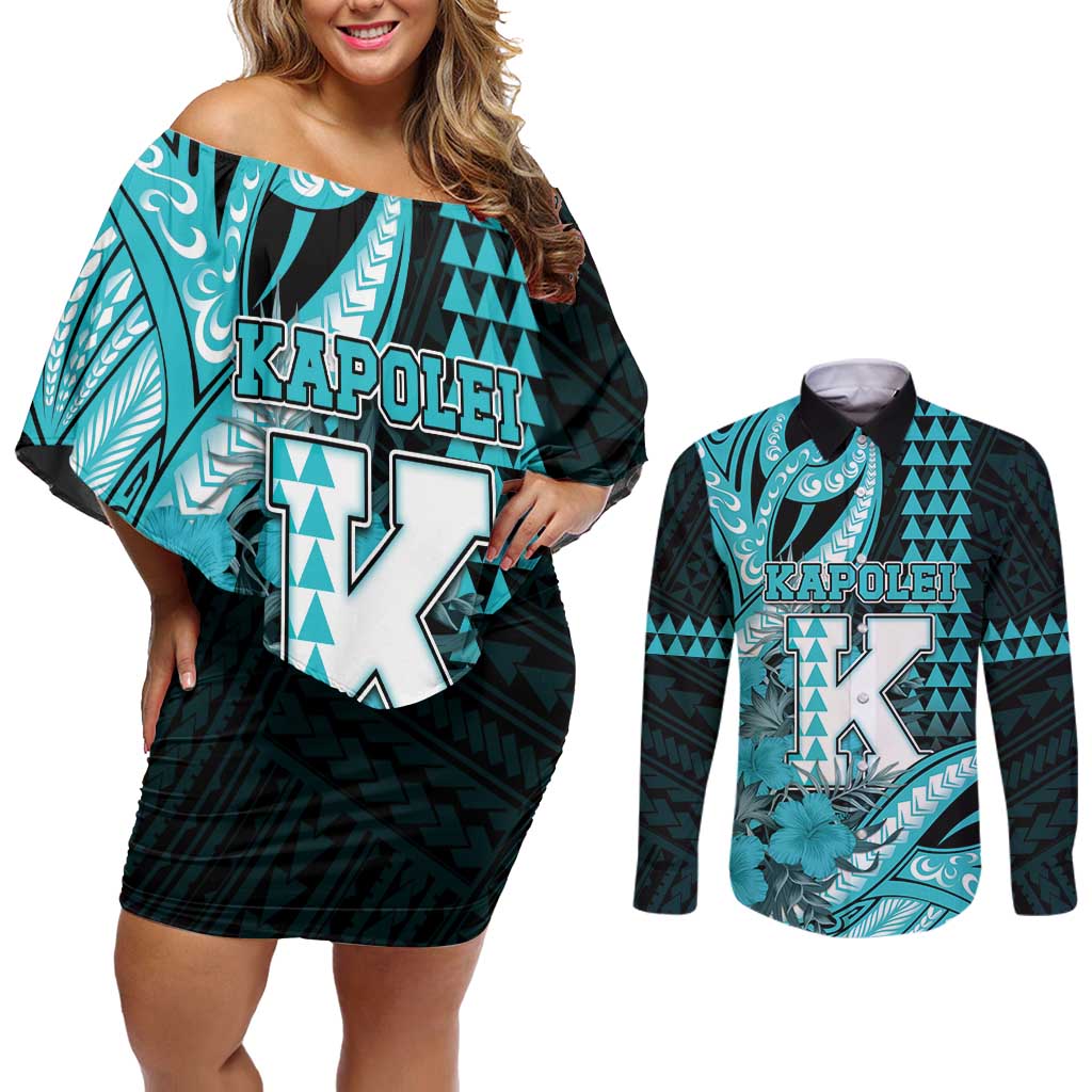 Personalised Hawaii Kapolei High School Couples Matching Off Shoulder Short Dress and Long Sleeve Button Shirt Tribal Tattoo With Hibiscus Flowers LT05 Dark Teal - Polynesian Pride