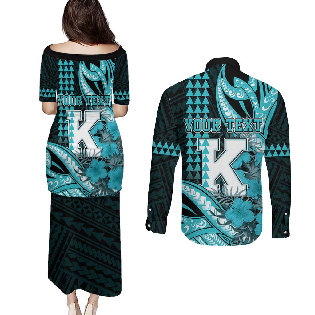 Personalised Hawaii Kapolei High School Couples Matching Puletasi and Long Sleeve Button Shirt Tribal Tattoo With Hibiscus Flowers