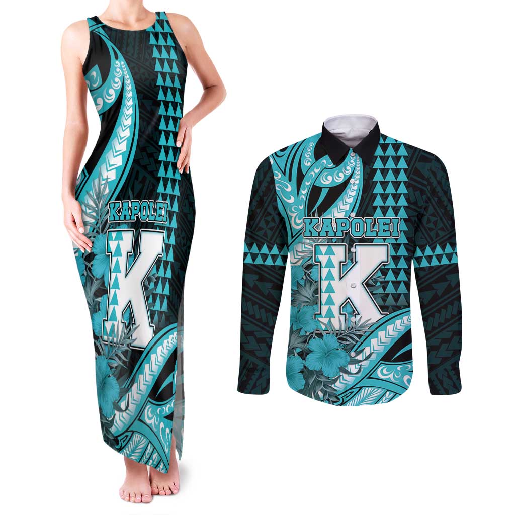 Personalised Hawaii Kapolei High School Couples Matching Tank Maxi Dress and Long Sleeve Button Shirt Tribal Tattoo With Hibiscus Flowers LT05 Dark Teal - Polynesian Pride