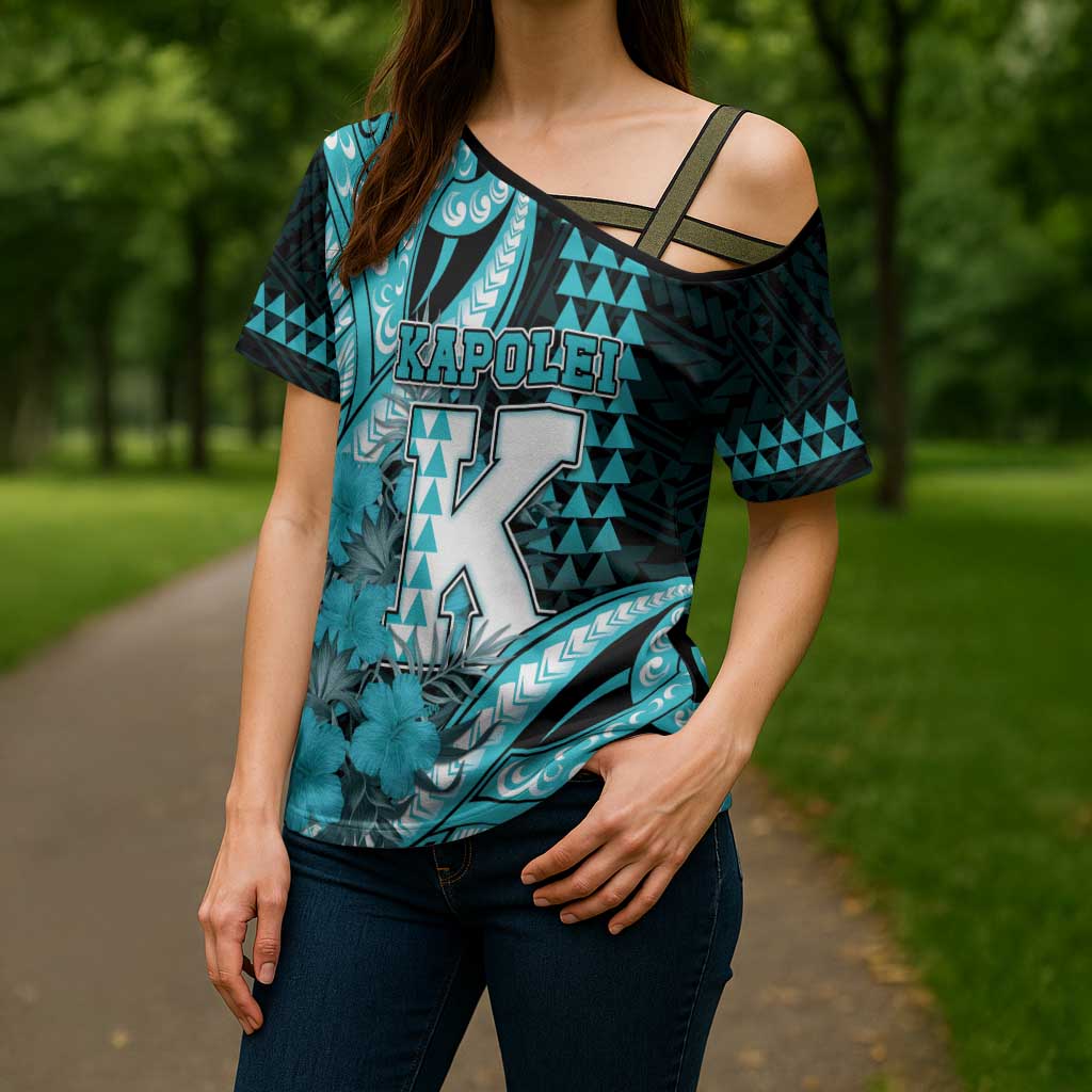 Personalised Hawaii Kapolei High School Cross Shoulder Shirt Tribal Tattoo With Hibiscus Flowers