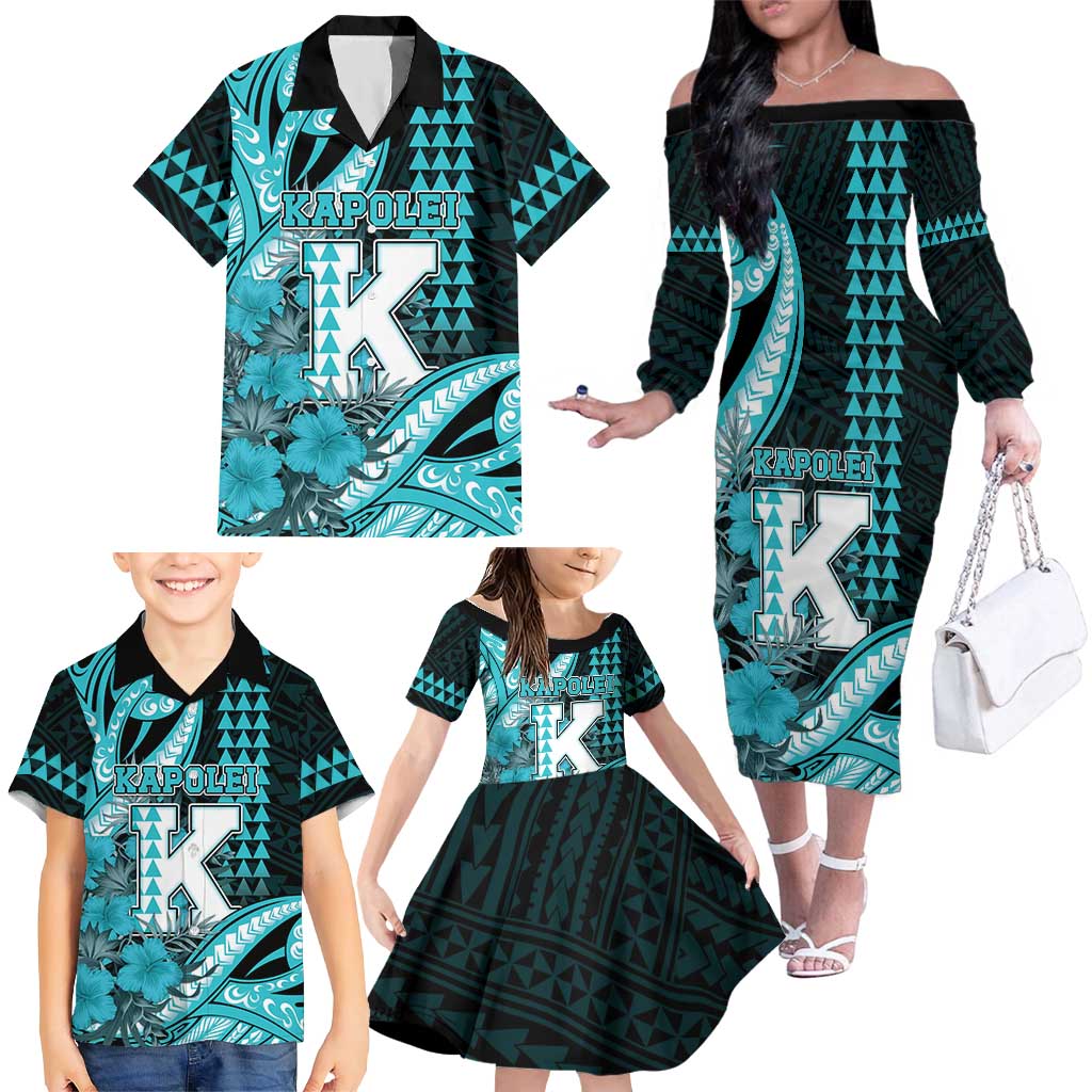 Personalised Hawaii Kapolei High School Family Matching Off The Shoulder Long Sleeve Dress and Hawaiian Shirt Tribal Tattoo With Hibiscus Flowers LT05 - Polynesian Pride