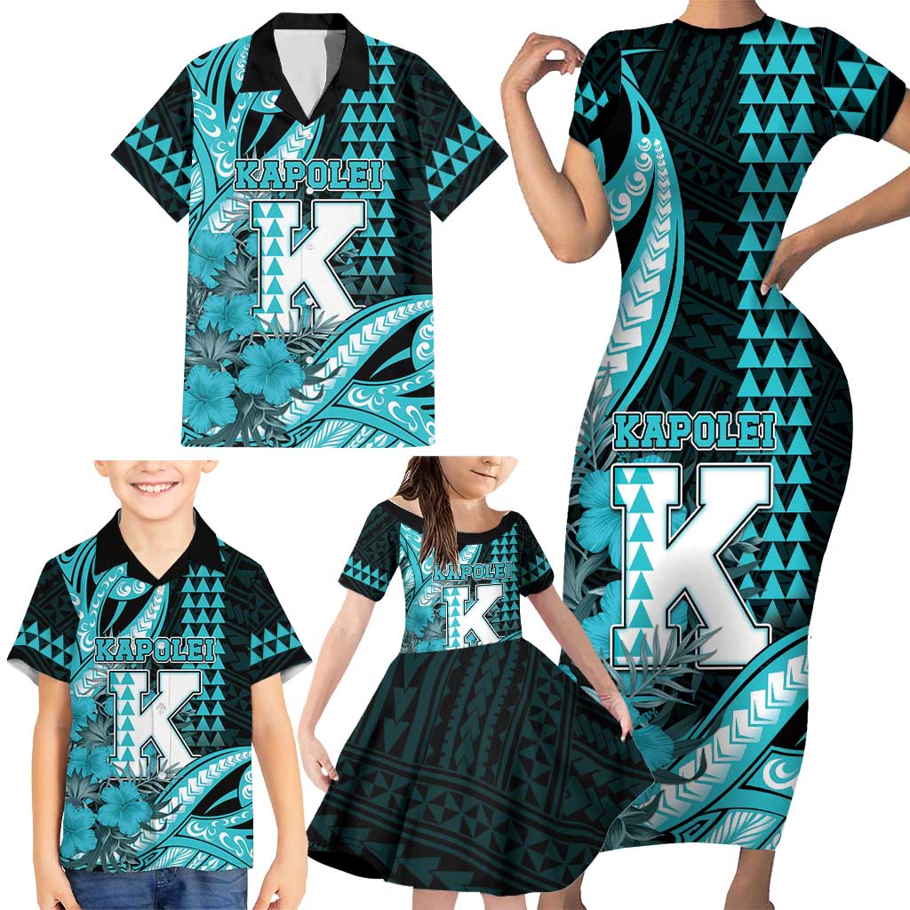 Personalised Hawaii Kapolei High School Family Matching Short Sleeve Bodycon Dress and Hawaiian Shirt Tribal Tattoo With Hibiscus Flowers LT05 - Polynesian Pride