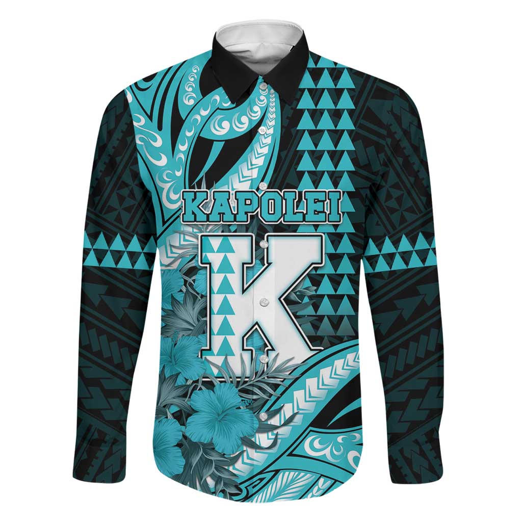 Personalised Hawaii Kapolei High School Family Matching Short Sleeve Bodycon Dress and Hawaiian Shirt Tribal Tattoo With Hibiscus Flowers LT05 Dad's Shirt - Long Sleeve Dark Teal - Polynesian Pride