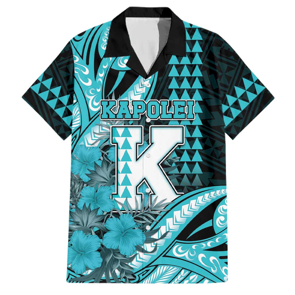Personalised Hawaii Kapolei High School Family Matching Tank Maxi Dress and Hawaiian Shirt Tribal Tattoo With Hibiscus Flowers LT05 Dad's Shirt - Short Sleeve Dark Teal - Polynesian Pride