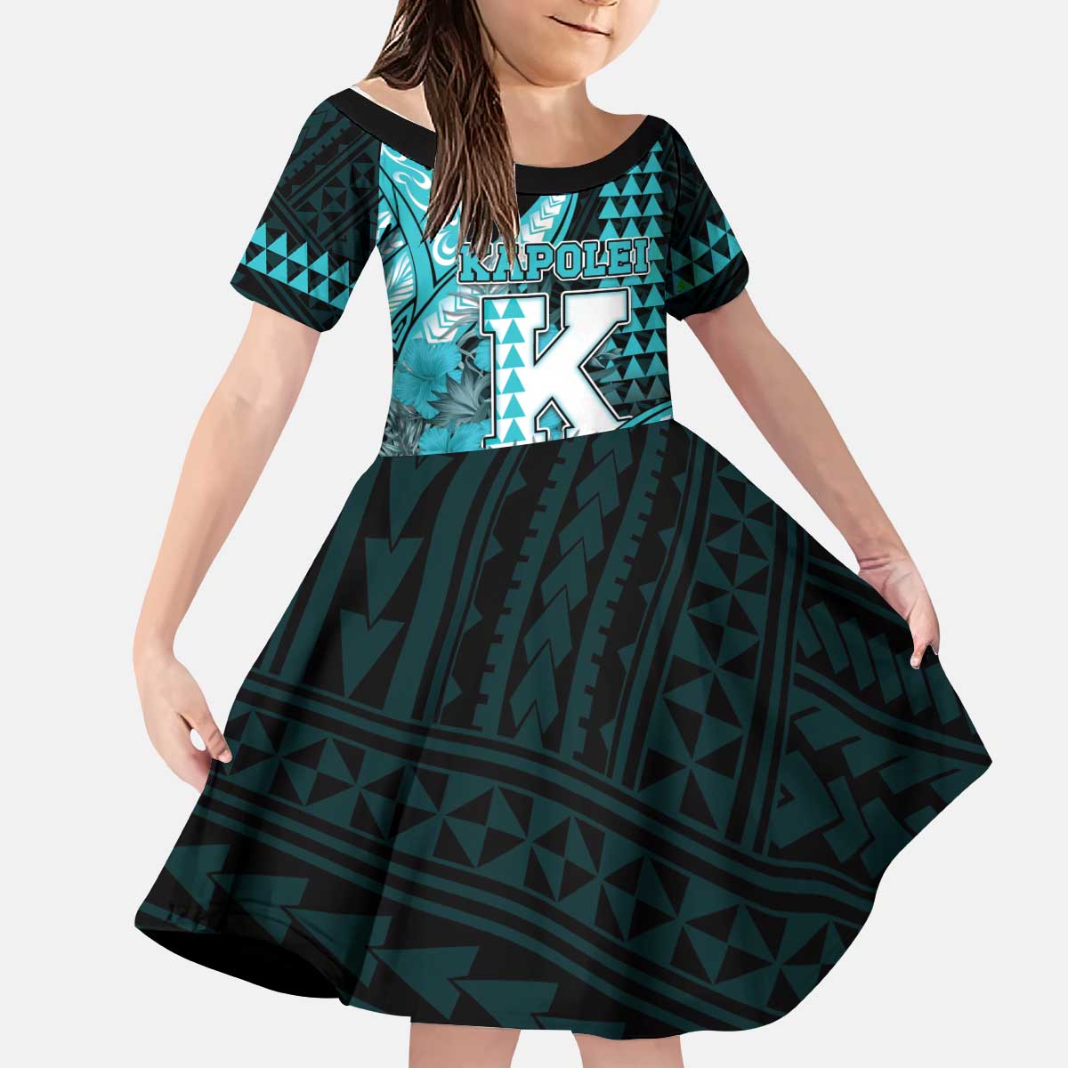Personalised Hawaii Kapolei High School Kid Short Sleeve Dress Tribal Tattoo With Hibiscus Flowers