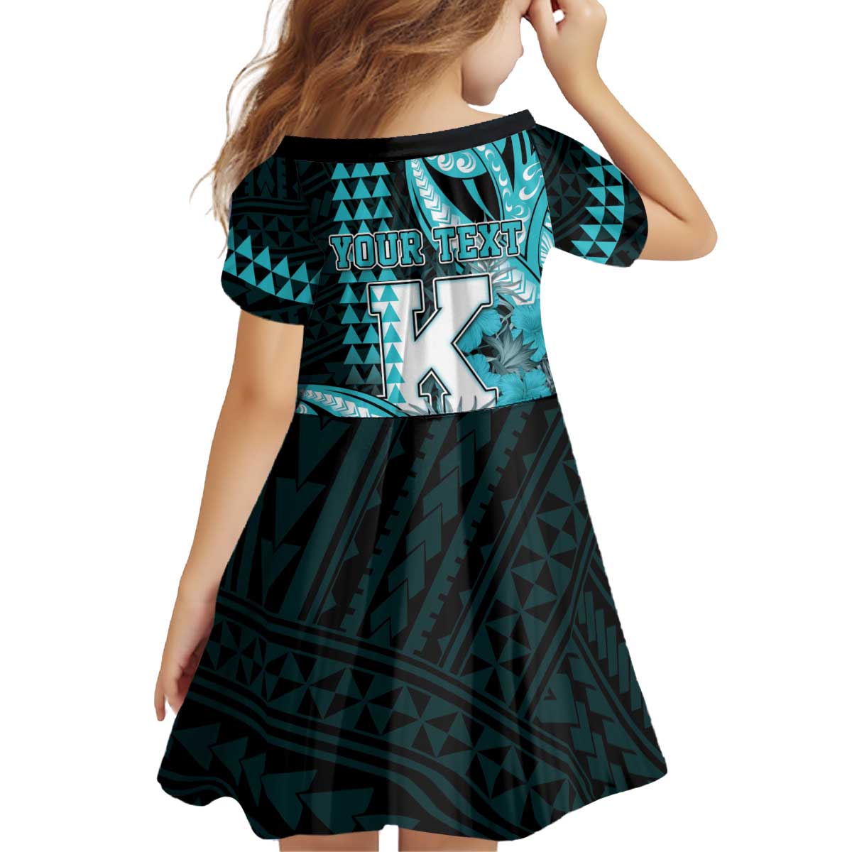 Personalised Hawaii Kapolei High School Kid Short Sleeve Dress Tribal Tattoo With Hibiscus Flowers